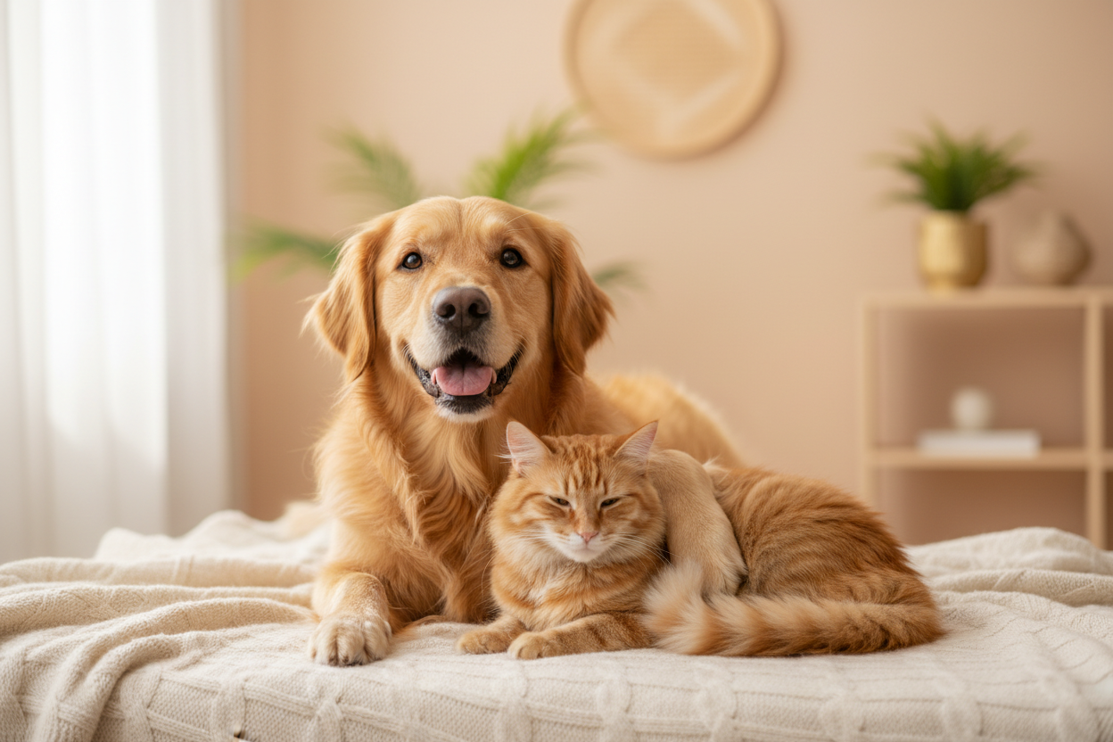 Dog and Cat on Cozy Blanket